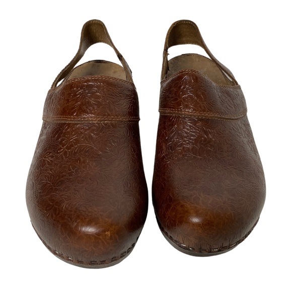 Dansko Floral embossed Brown Leather Slip on Strap Clogs (10) - Picture 9 of 9